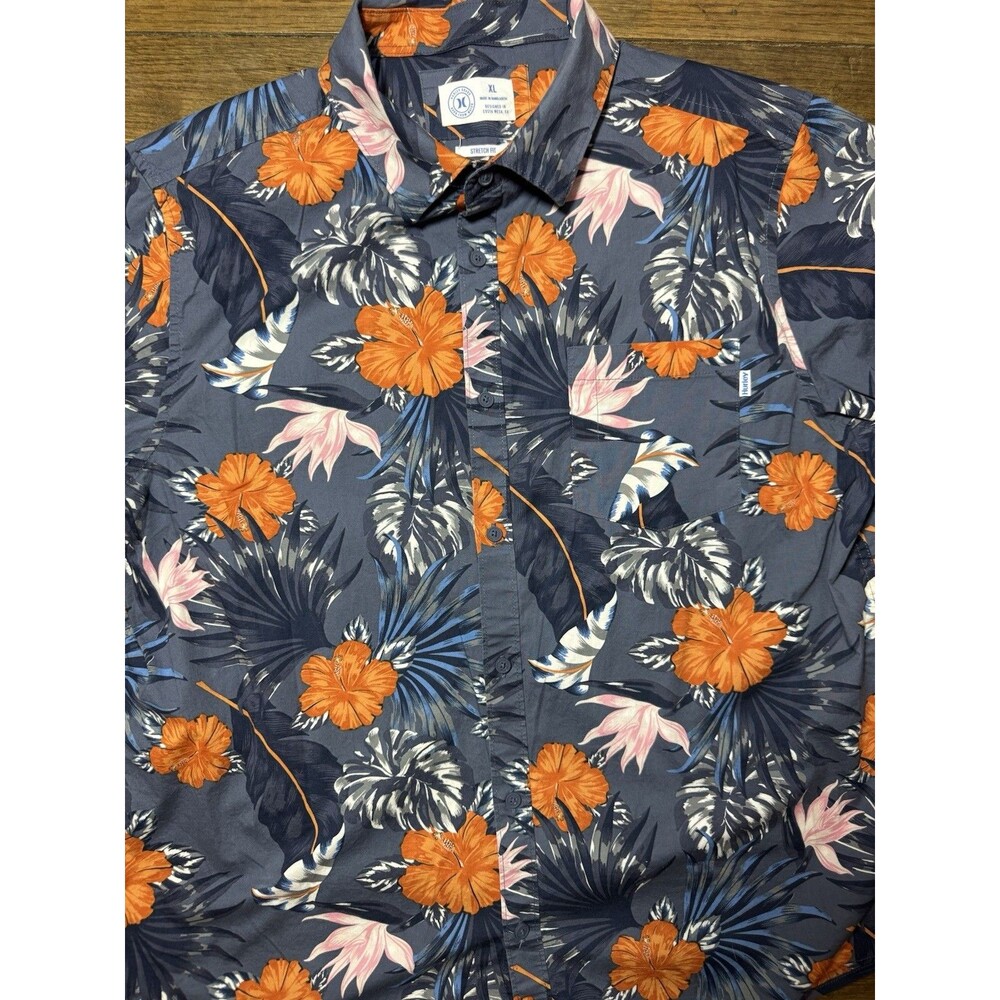 Hurley Hawaiian Shirt Men’s XL Navy Blue Orange Hibiscus Aloha Surf Flor… - Picture 3 of 4